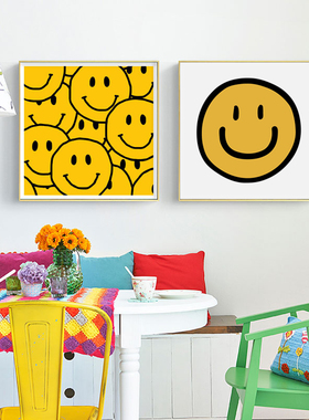 smile黄色笑脸装饰画微笑方形餐厅壁画治愈系儿童房温馨简约挂画