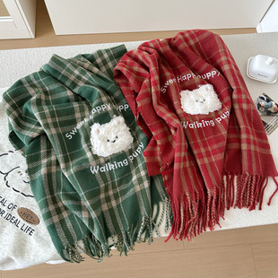 日本品质学院风新款白熊格子流苏围巾保暖女生冬季红色围脖护颈外
