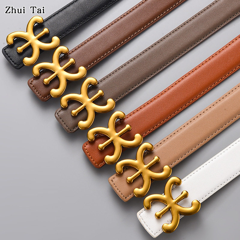 日本品质新款女士真皮板扣字母腰带平滑扣皮带皮裤带