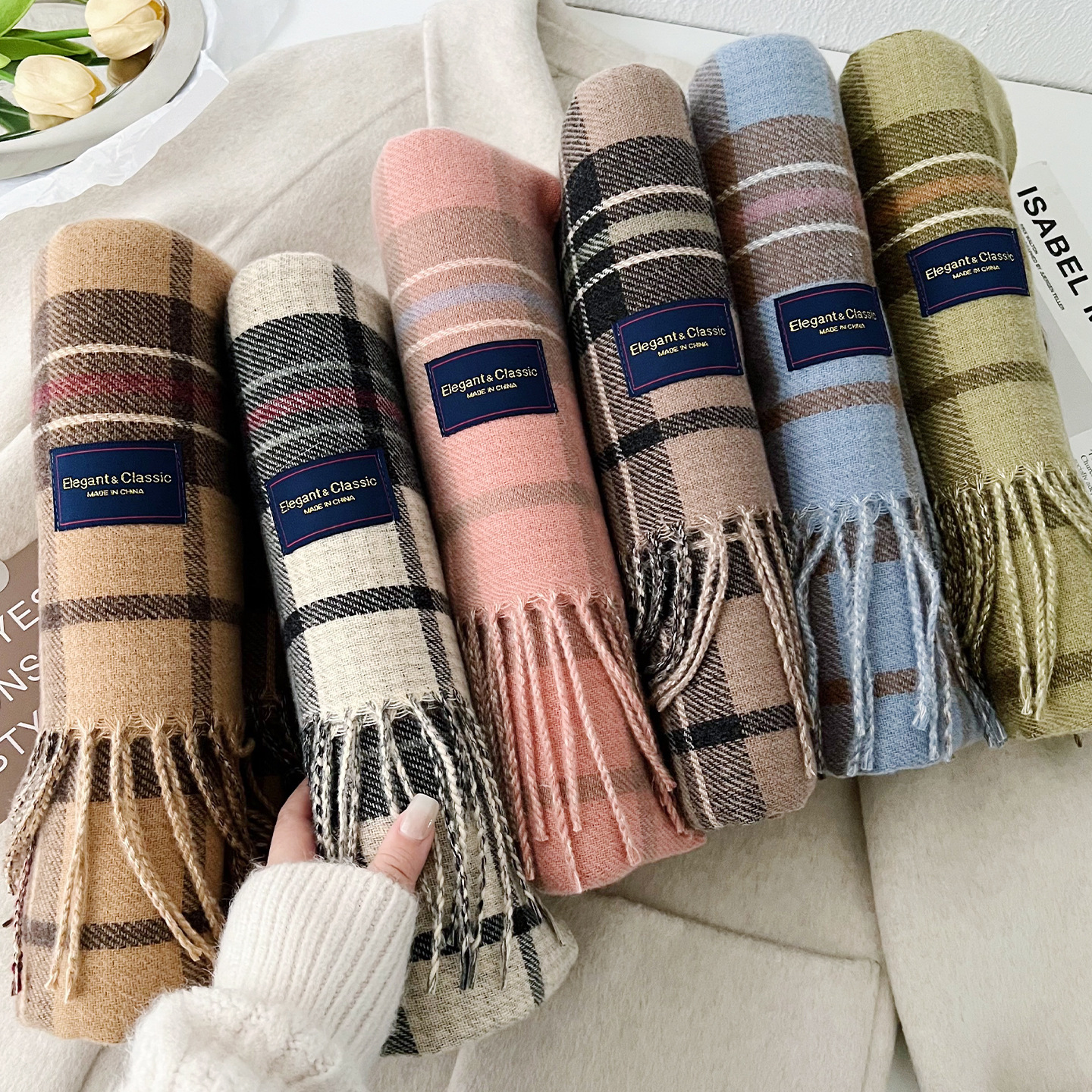 日本品质新款多彩格子双面仿羊绒披肩围脖男女秋冬季保暖时尚通勤