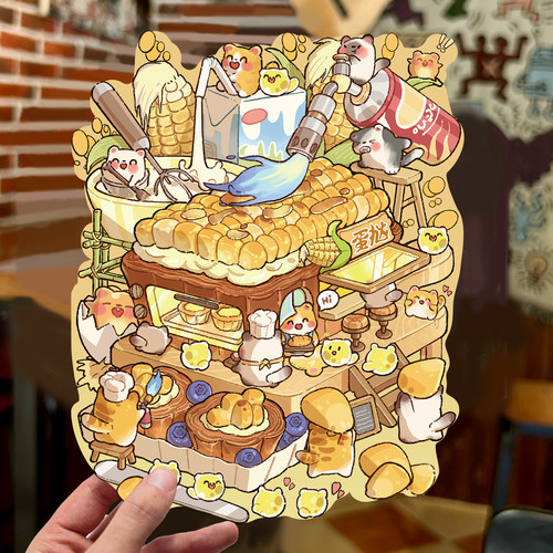 原创大尺寸玉米蛋挞屋造景贴纸PET微缩3D立体小屋解压DIY堆叠贴画