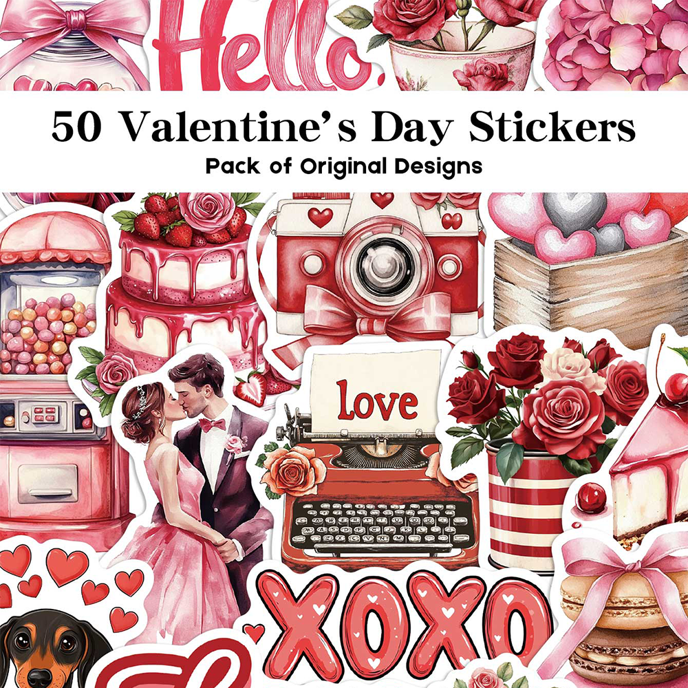 50张情人节贴纸少女心卡通可爱粉色爱心高颜值手账笔记本装饰贴画,3C数码配件,笔记本个性小贴纸,淘宝优惠券,粉丝福利购,淘宝优惠卷