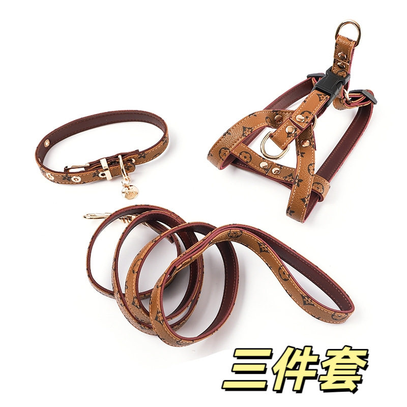 复古格子轻便狗狗三件套宠物胸背带牵引绳项圈套装中小犬用品跨境