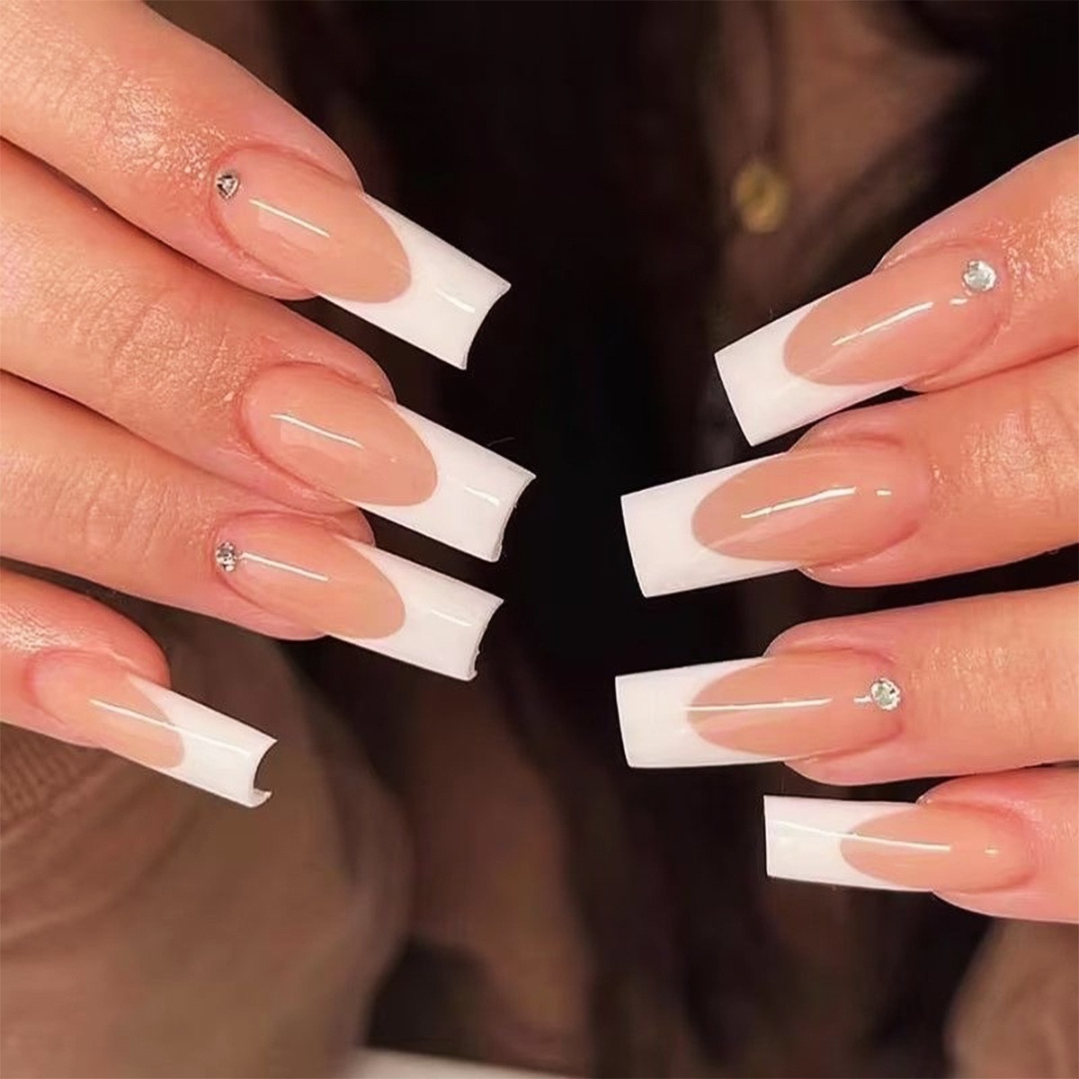 长水管美甲成品指甲甲片法式假白色穿戴爆款源头nail欧美甲片工厂