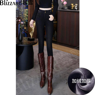 暴雪 星钻蓝黑 烫钻高腰牛仔裤女2025冬新款弹力紧身小脚裤加绒厚
