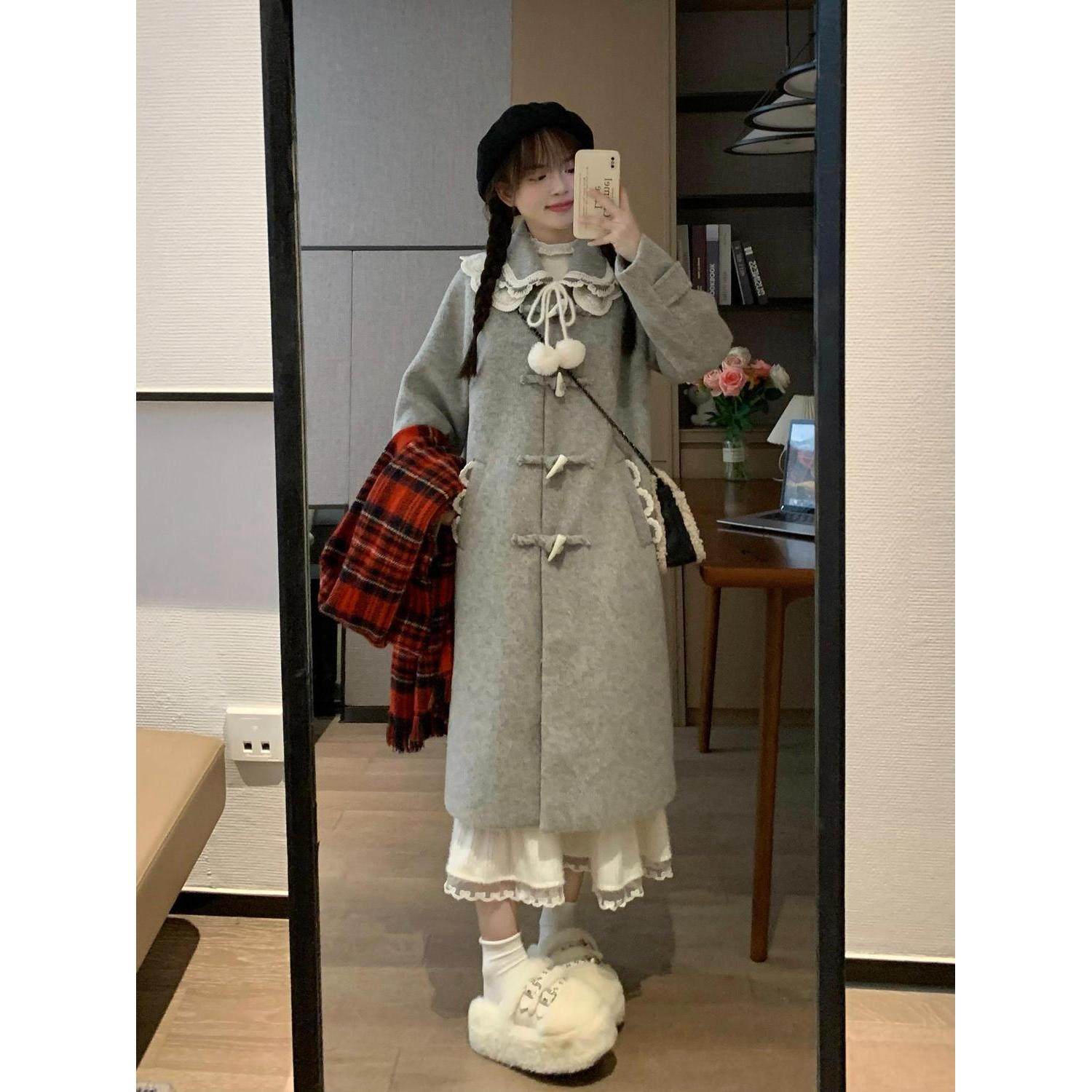 秋冬新款花边领设计加厚中长款灰色呢子大衣百搭毛呢外套女,女装/女士精品,毛呢外套,淘宝优惠券,粉丝福利购,淘宝优惠卷