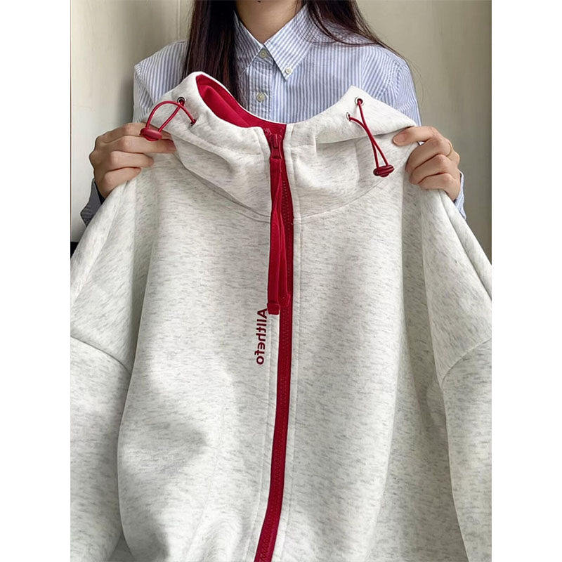 美式复古撞色拉链开衫卫衣女秋冬加绒加厚宽松情侣设计感连帽外套