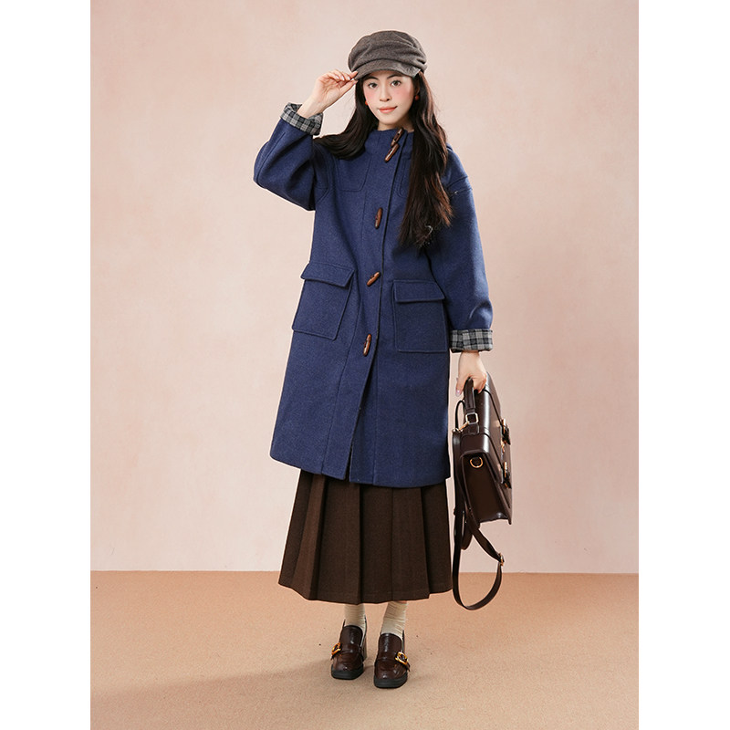 日系复古连帽呢料牛角扣大衣女2025新款中长款宽松蓝色毛呢外套冬,女装/女士精品,毛呢外套,淘宝优惠券,粉丝福利购,淘宝优惠卷