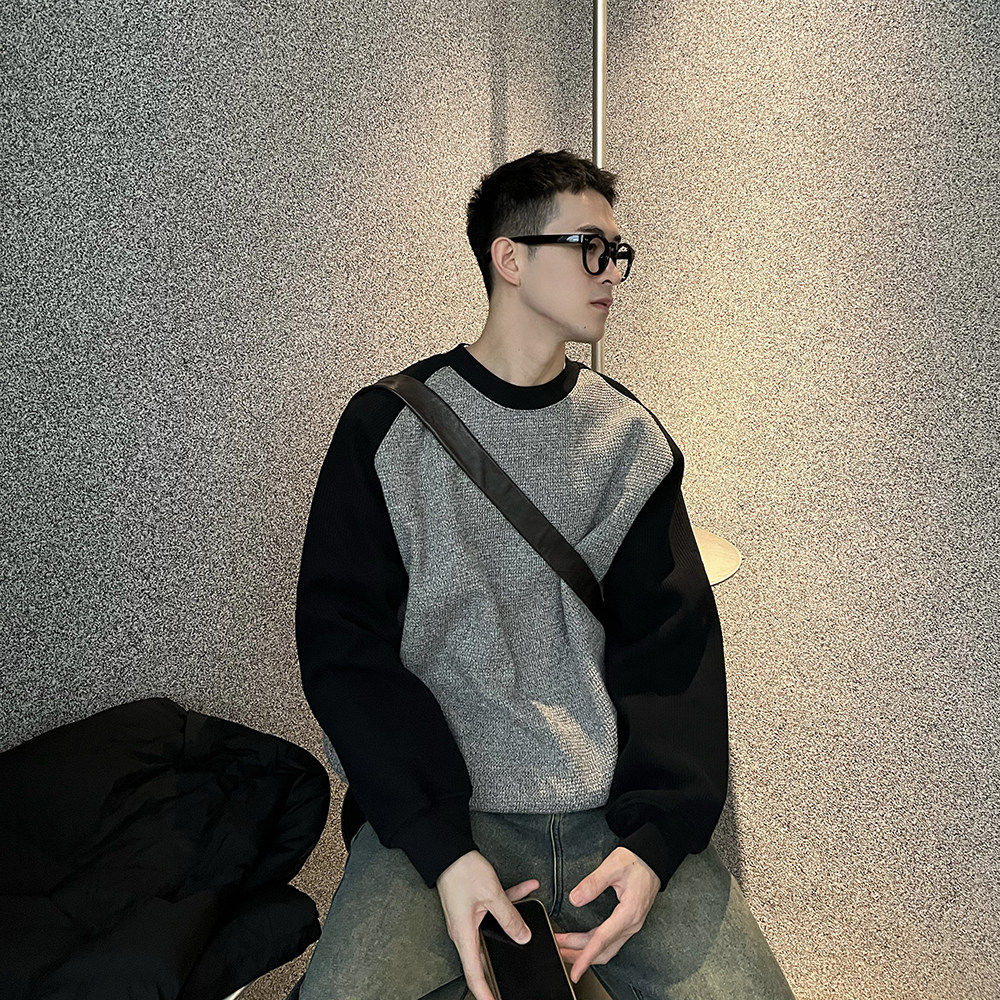 nick tian 秋冬美式潮牌圆领加绒卫衣男撞色宽松加厚长袖上衣无帽