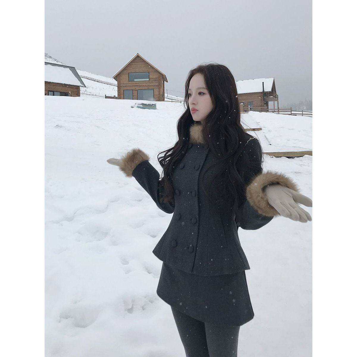 法式富家千金双排扣夹棉毛呢收腰外套女冬季显瘦两件套短裙套装,女装/女士精品,时尚套装,淘宝优惠券,粉丝福利购,淘宝优惠卷