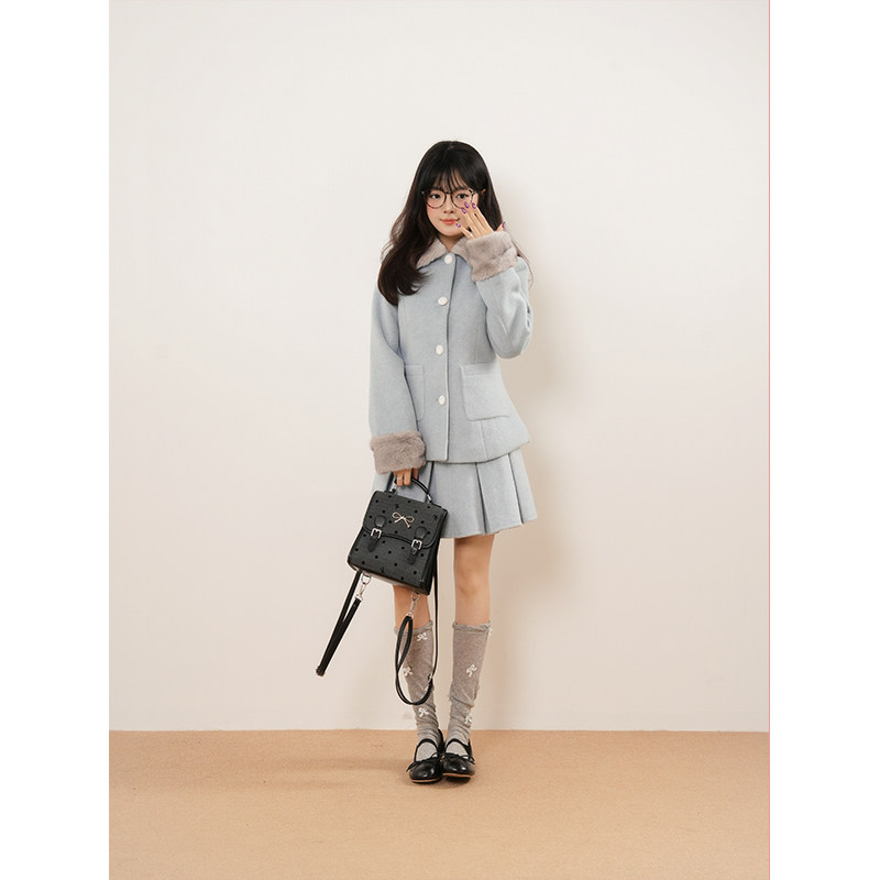 湖蓝色冬季古早千金少女显白收腰显瘦毛呢外套半裙套装,女装/女士精品,时尚套装,淘宝优惠券,粉丝福利购,淘宝优惠卷