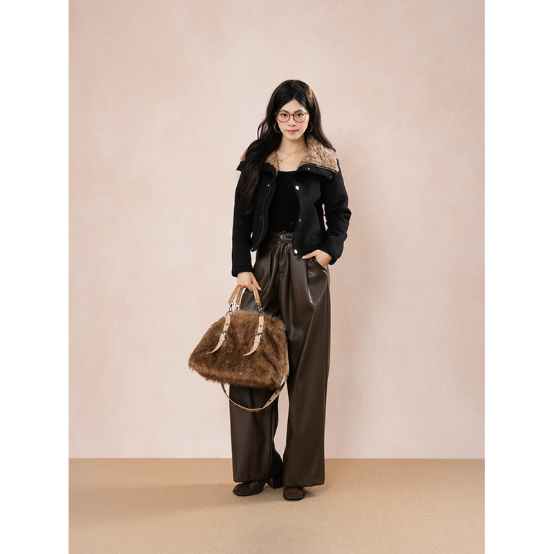 日暮往事 黑色复古毛领撞色翻领短款外套毛绒内胆,女装/女士精品,短外套,淘宝优惠券,粉丝福利购,淘宝优惠卷