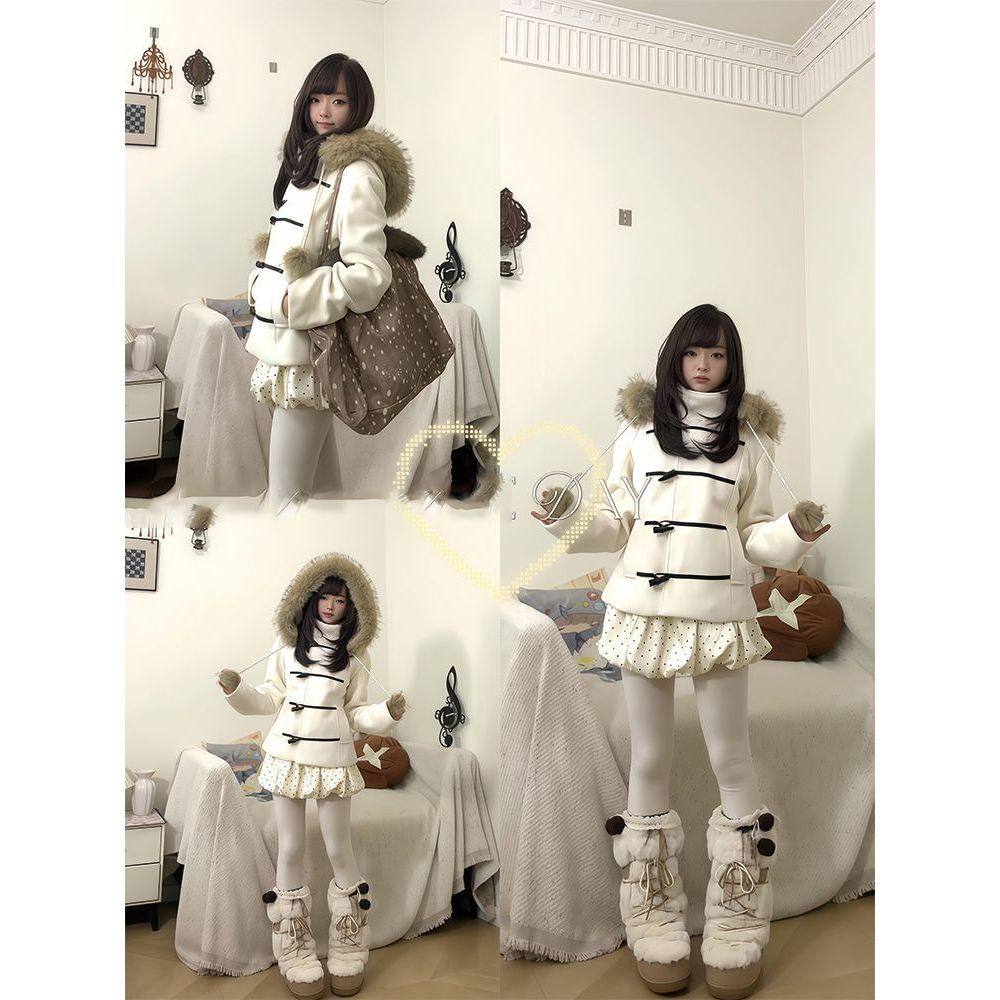 白色连帽毛领牛角扣短款毛呢外套女秋冬季设计感小众修身显瘦上衣,女装/女士精品,时尚套装,淘宝优惠券,粉丝福利购,淘宝优惠卷