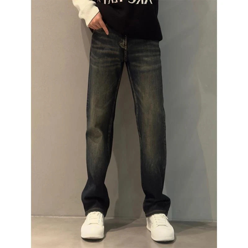 美式高街高品质直筒复古蓝色牛仔裤男士秋冬新款百搭宽松阔腿长裤