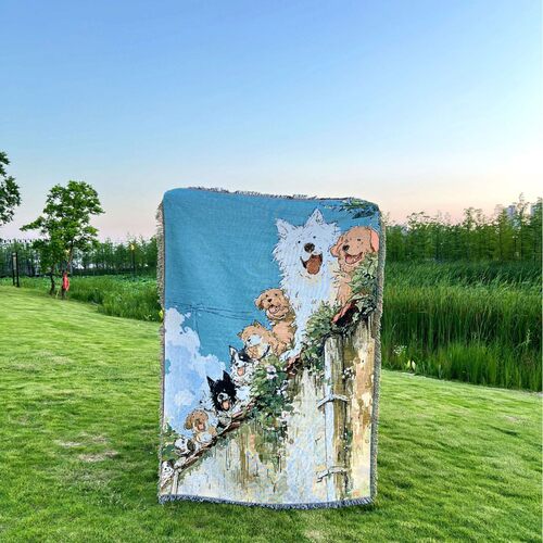夏日狗狗油画diy挂毯治愈系挂毯室内装饰毯床位毯露营毯沙发巾
