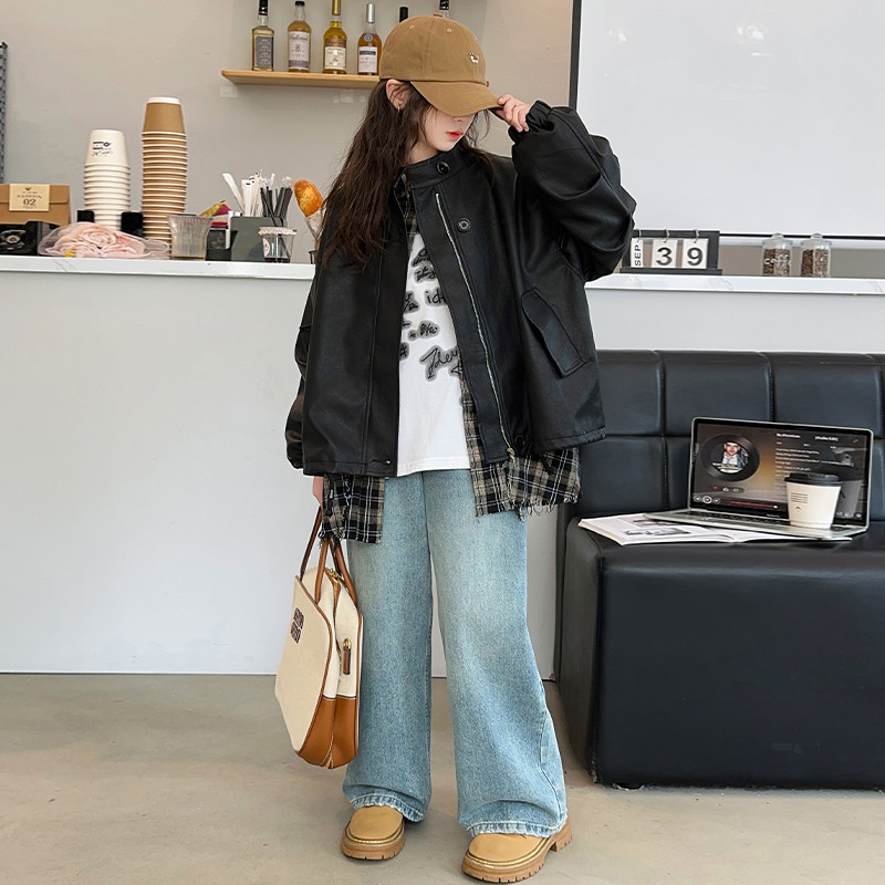 2025超火小皮衣女童夹克衫ins痞帅服装服饰纯色全场短款日系加绒