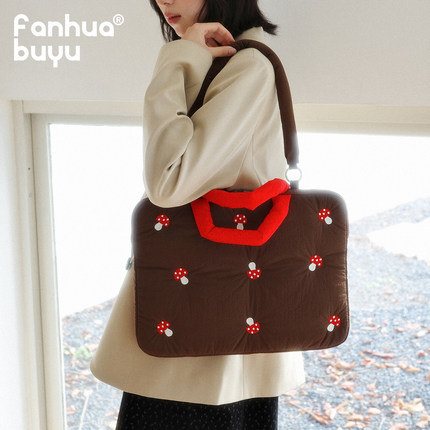 梵花不语新款16寸笔记本电脑包女可爱刺绣蘑菇手提小众15寸单肩包