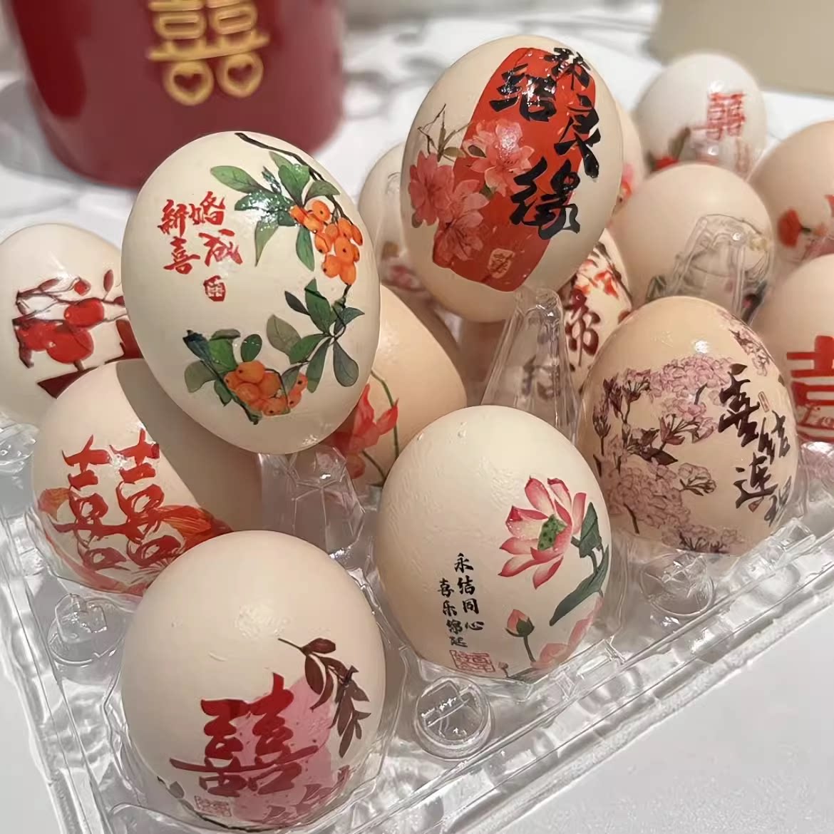 结婚鸡蛋喜字贴订婚摆台布置红喜蛋纹身贴婚礼装饰创意小囍字贴纸