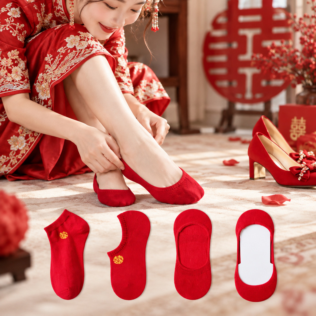 结婚庆红袜子本命年大红色蕾丝袜子女薄款船袜高跟鞋超浅口隐形袜