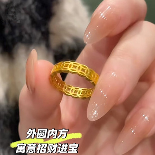 铜钱戒指不掉色黄金色招财转运钱币戒指男女款越南沙金铜钱指环钱