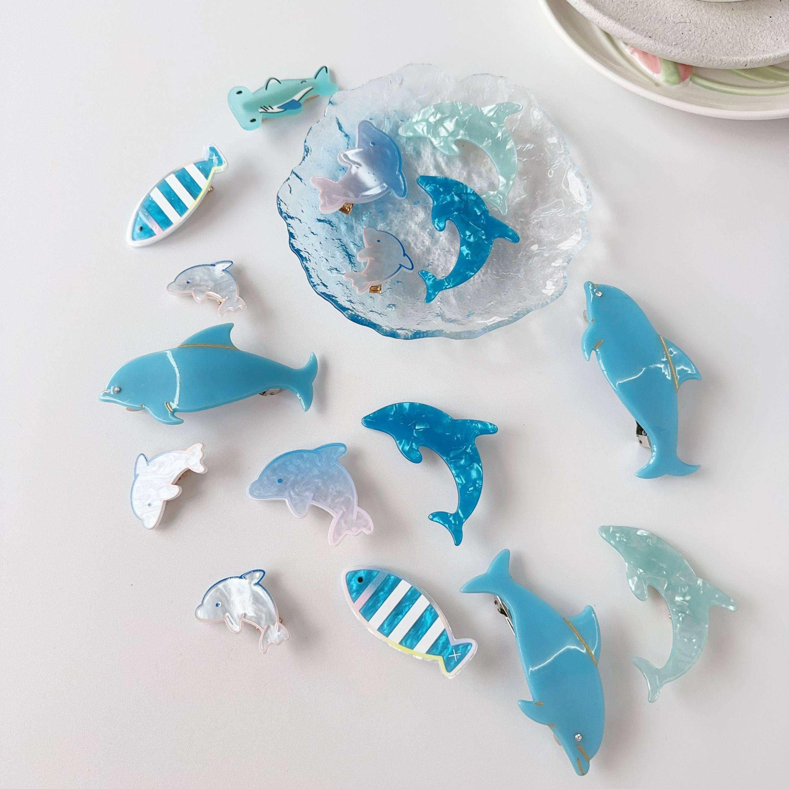 蓝色小鱼发夹海洋生物醋酸发夹蓝色海豚鲸鱼边夹刘海夹蓝色夹子