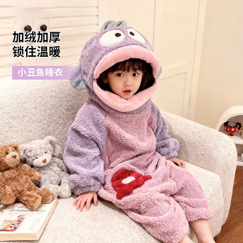 小丑鱼睡衣紫色丑鱼连体睡衣珊瑚绒女款冬季情侣睡袍男款加厚加大