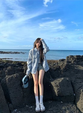 蓝色小香格纹女装春秋季风格小韩式宽松修身Look街头长袖夹克上衣