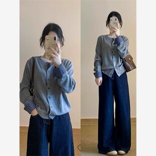 修身 休闲时尚 时尚 秋冬女款 毛衣基础夹克 拼接格纹单排扣针织开衫