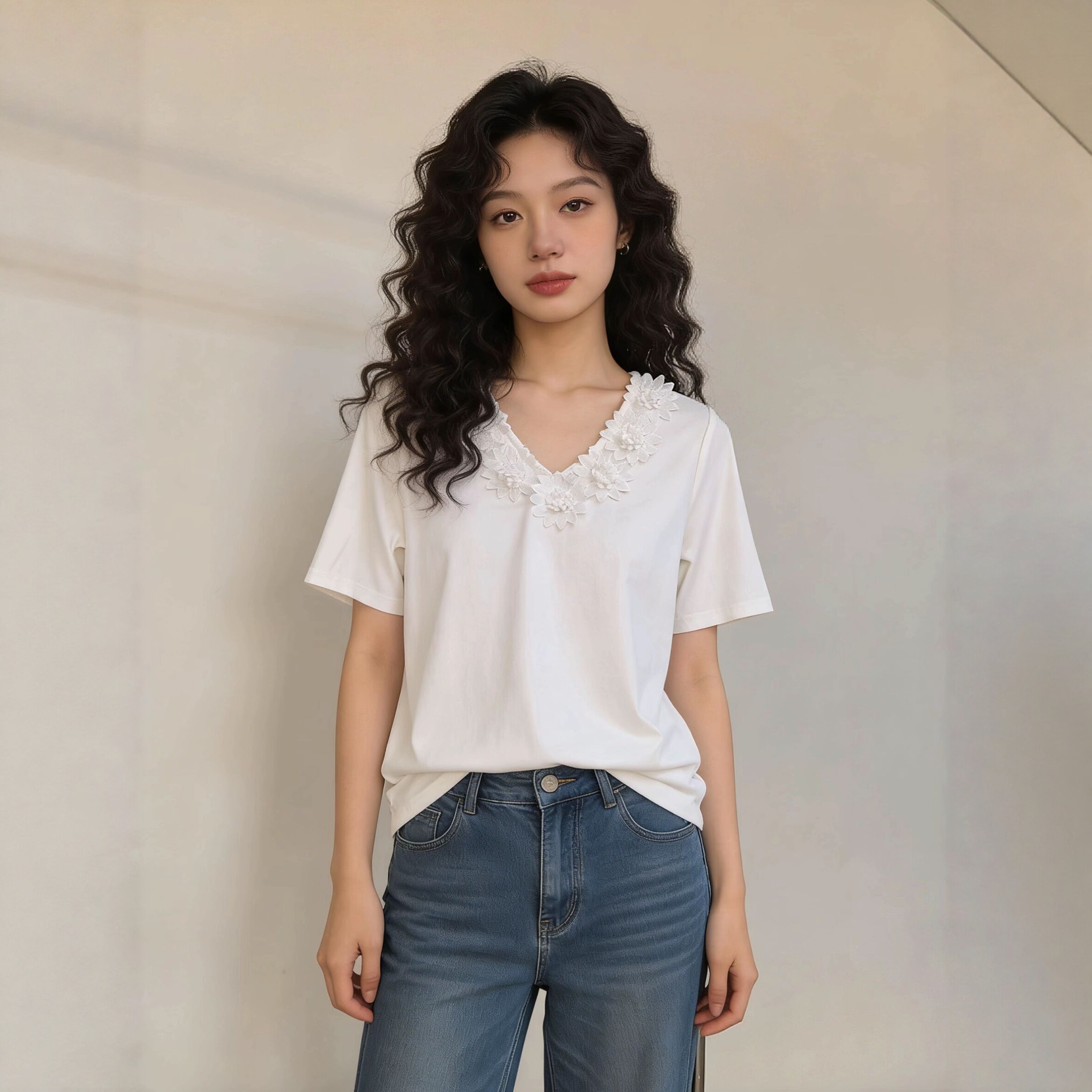 2026新款韩系高级小众不撞衫上衣时尚V领蕾丝立体花纯棉T恤女