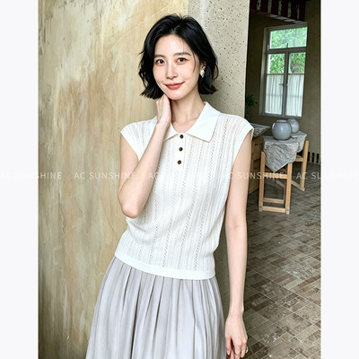 AC SUNSHINE日常休闲复古通勤坑条镂空Polo衫套头上衣女夏季19867