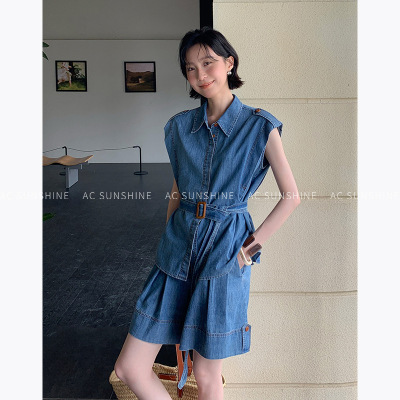AC SUNSHINE工装风牛仔棉复古做旧设计感宽松翻领衬衫女夏季19817