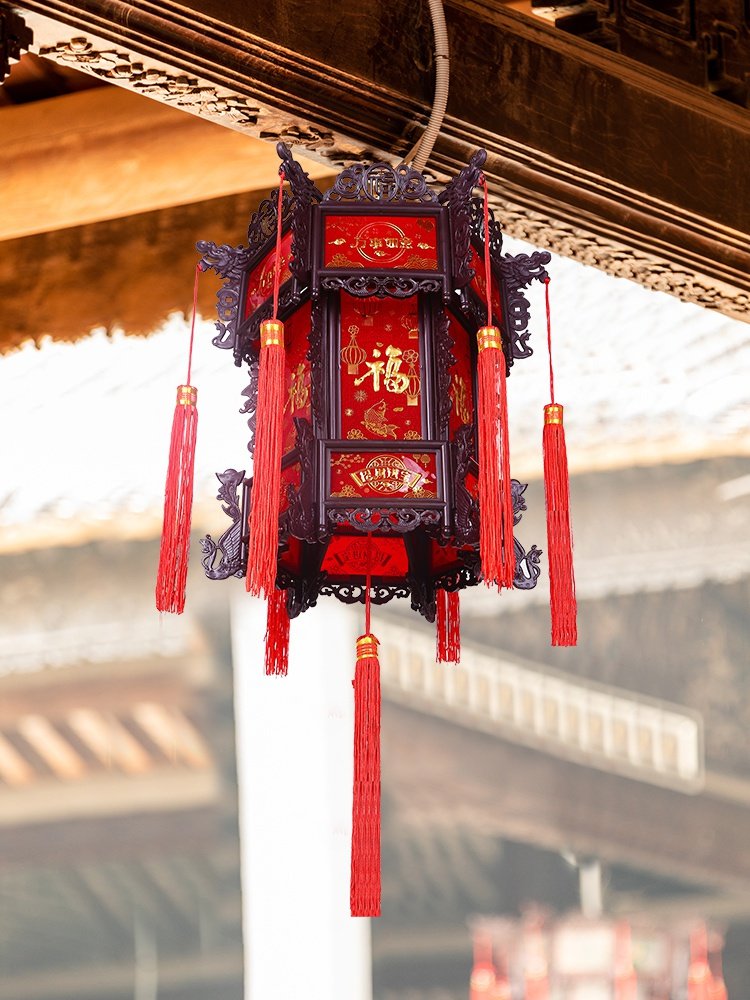 中式仿古六角灯笼2021过新年中国风旋转春节户外阳台电动吊灯挂