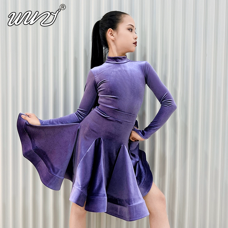 舞姿拉丁舞服女童进口丝绒春夏少儿规定服专业比赛大摆裙舞蹈服装