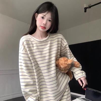 简约条纹珊瑚绒睡衣冬季圆领套头