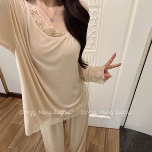 2025新款莫代尔性感睡衣女春秋季纯欲风长袖长裤可外穿家居服套装