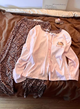 Sin Glee HelloKitty豹纹拼接德绒睡衣女秋冬可爱长袖长裤居家服