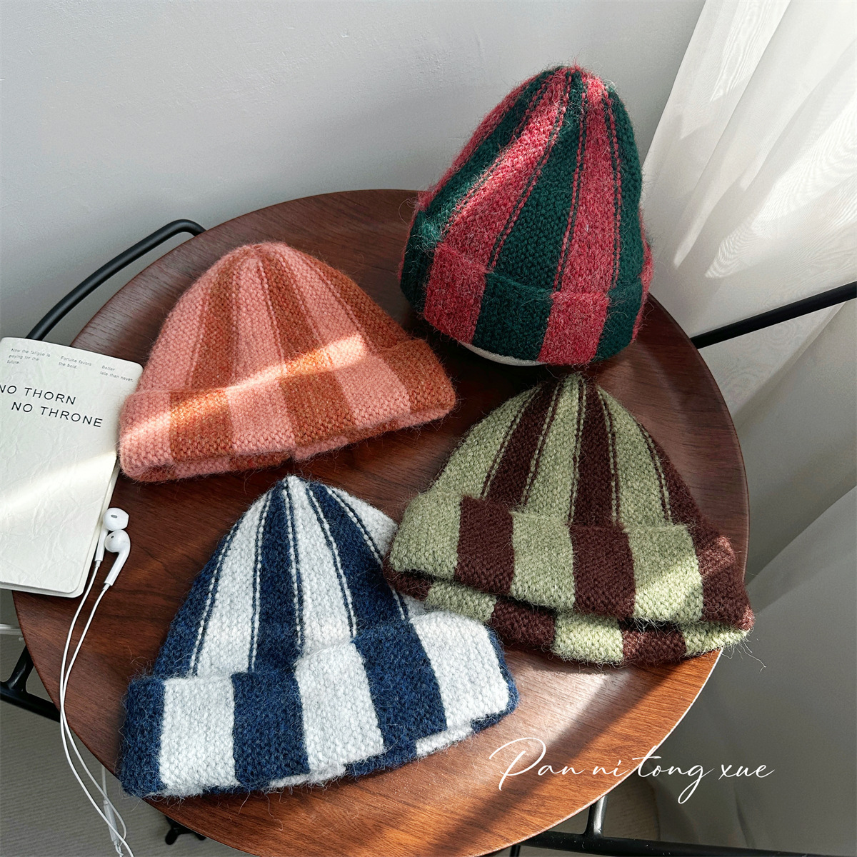 欧美潮流儿童拼色条纹套头针织帽子秋冬款男女宝宝嘻哈保暖毛线帽