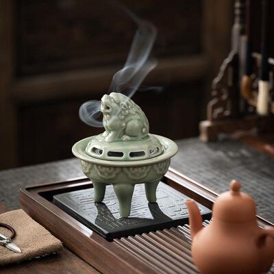 宋式美学香炉陶瓷青瓷祥狮香炉陶瓷香薰炉神兽中式家用摆件盘香炉