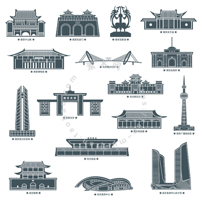 南京城市地标剪影 玄武门夫子庙中山楼雨花台 AI格式矢量设计素材