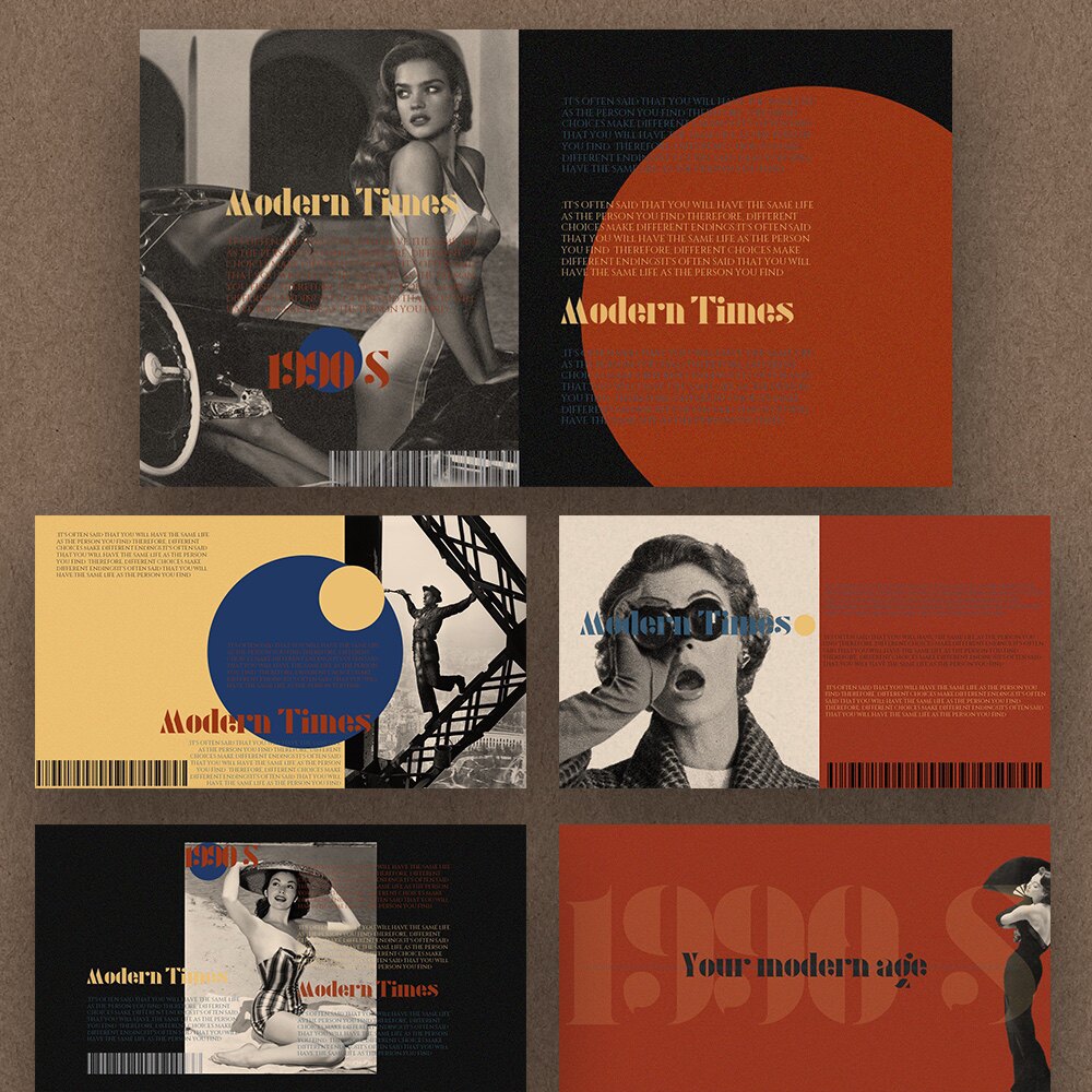 复古撞色摩登时代ppt模板   橘黄蓝撞色通用模板