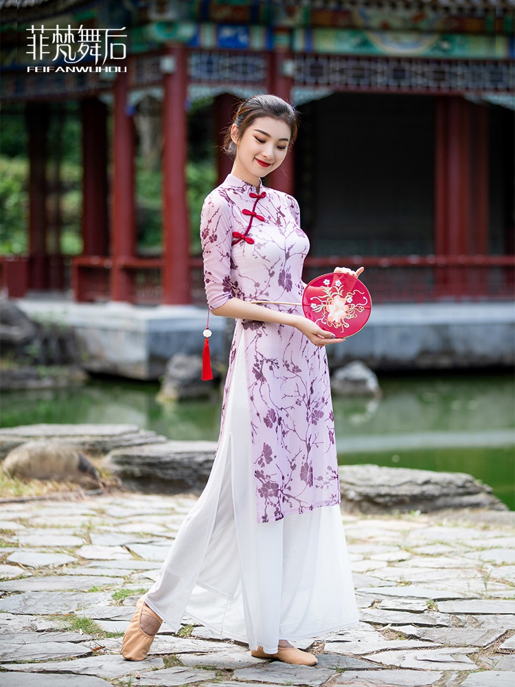 古典舞练功服女中国风现代东方舞蹈旗袍修身表演弹力纱衣舞韵j服