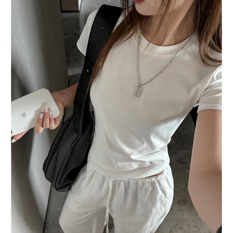 纯棉小圆领正肩短袖t恤女基础款纯色百搭修身时尚打底衫显瘦上衣