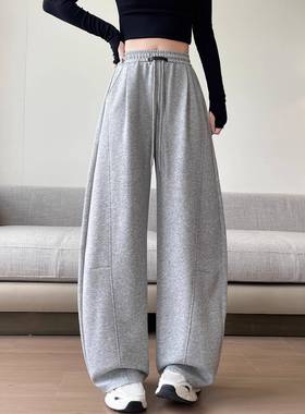 灰色运动裤女2025新款秋季宽松直筒休闲卫裤小个子窄版弯刀阔腿裤