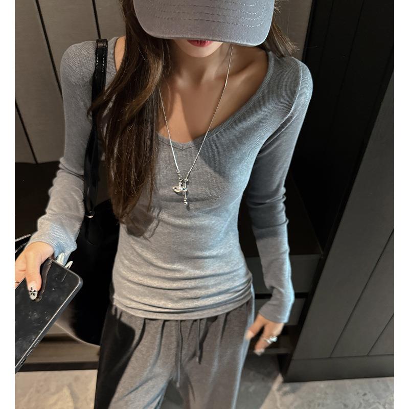 天丝莱赛尔V领螺纹长袖打底衫女内搭秋冬季修身高级感简约正肩t恤