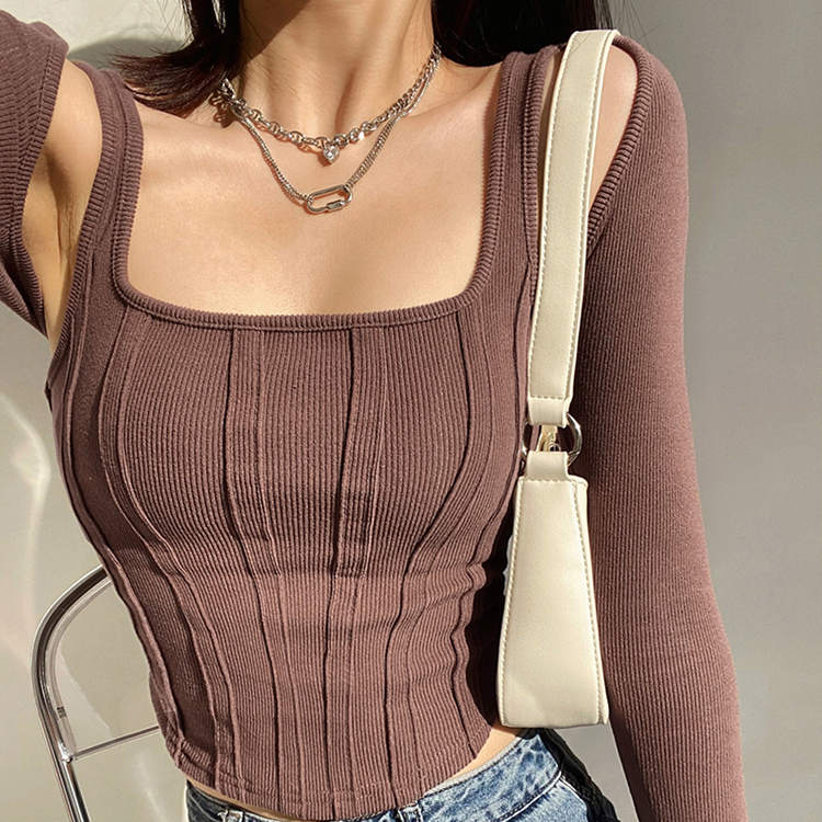 套指长袖坎肩上衣下摆弧