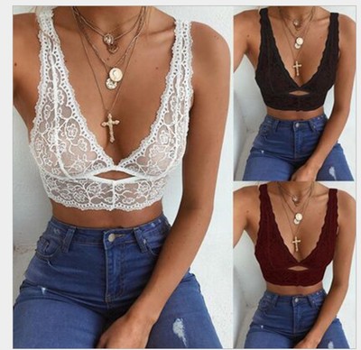 Bralet Bra Bustier Crop Top Cami White Deep V Neck Tank Tops