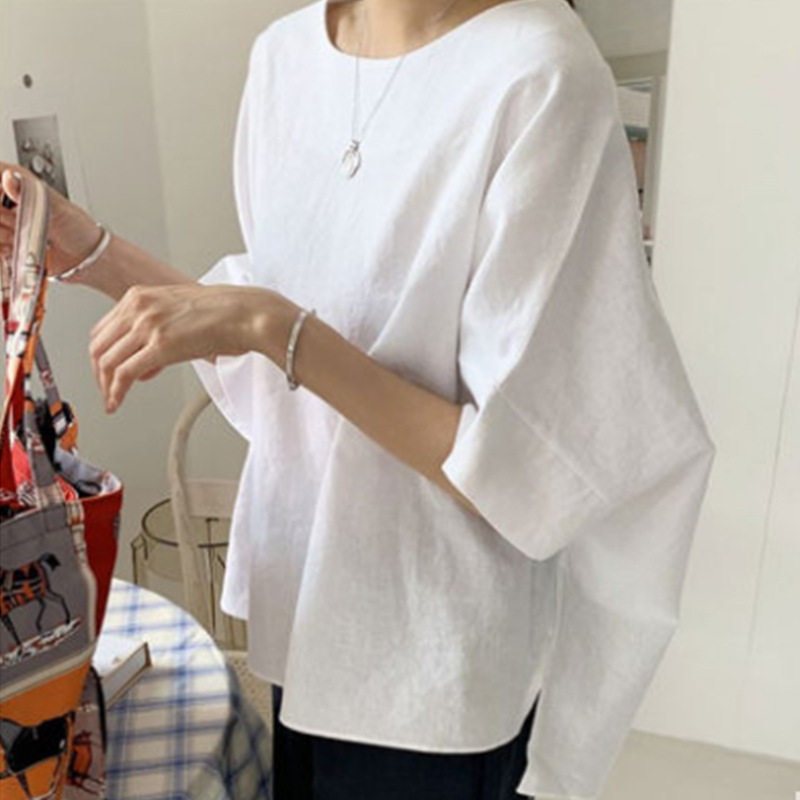 日系宽松大码棉麻衬衫女 2022夏复古慵懒风显瘦蝙蝠短袖衬衣上衣