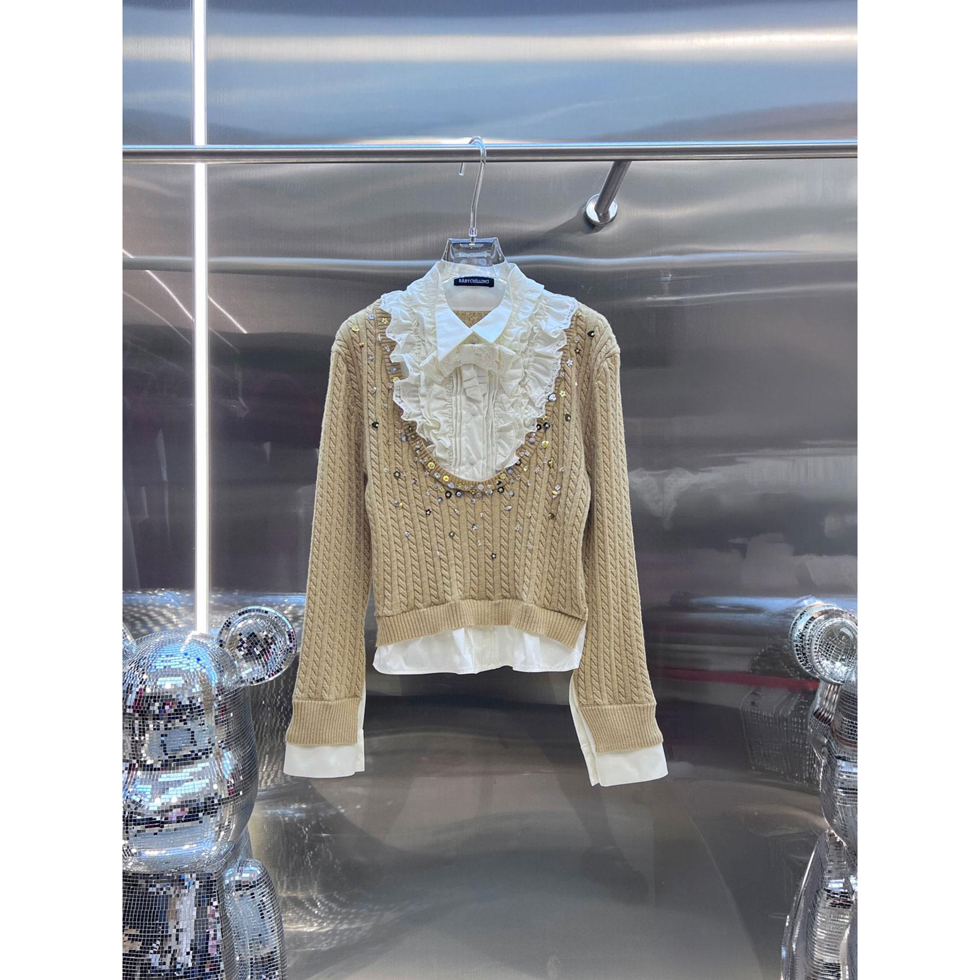 MBS.欧洲站新款英伦风重工钉珠气质千金风减龄假两件挂脖针织衫女