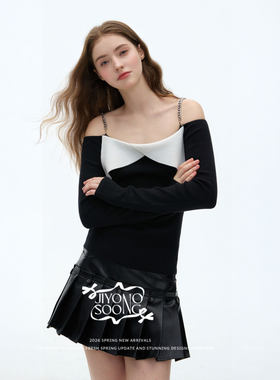 MBS.欧洲站新款JIYOOSOONG辣妹修身露肩上衣撞色吊带短款针织衫女