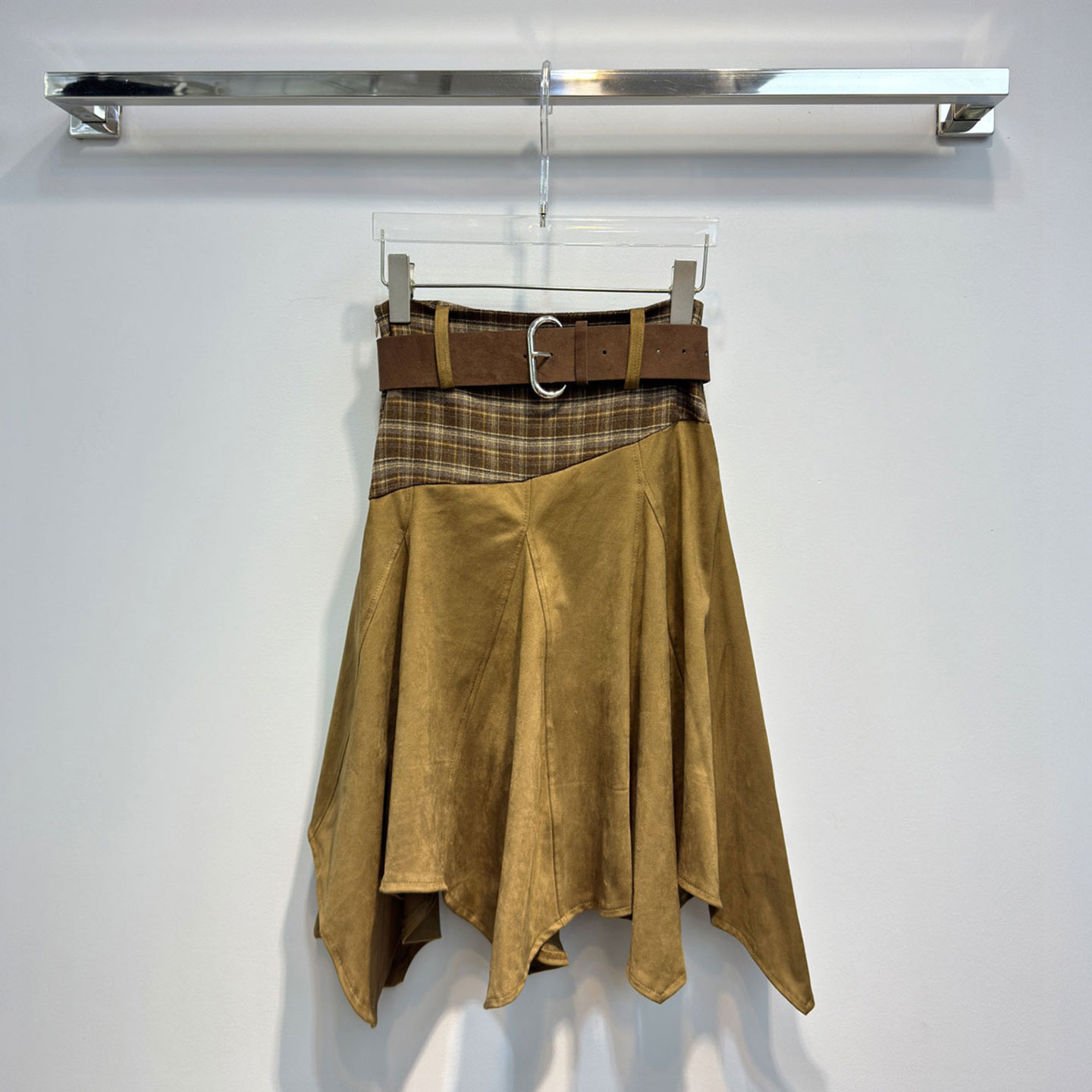 MBS.欧洲站新款英伦风复古皮绒高腰半身裙格子拼接不规则设计中裙